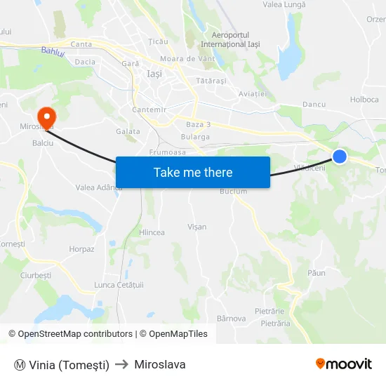 Ⓜ Vinia (Tomeşti) to Miroslava map