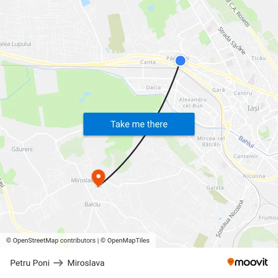 Petru Poni to Miroslava map