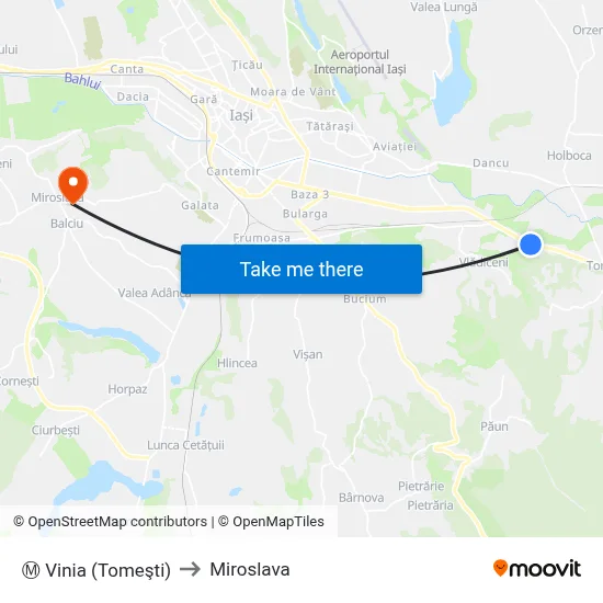 Ⓜ Vinia (Tomeşti) to Miroslava map