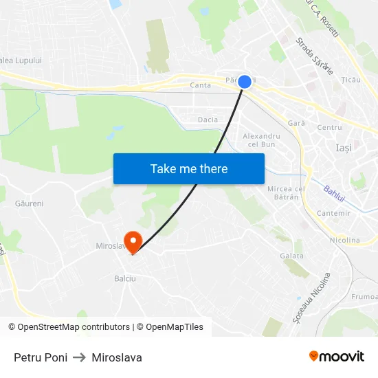 Petru Poni to Miroslava map