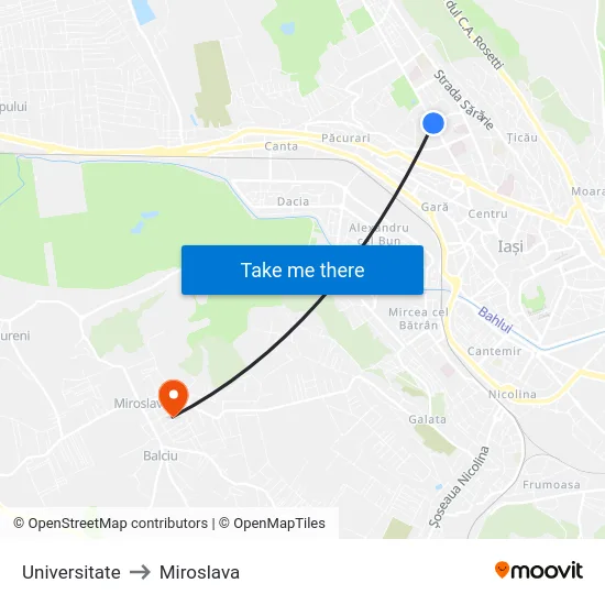 Universitate to Miroslava map