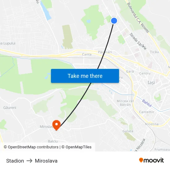 Stadion to Miroslava map