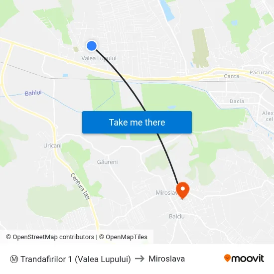 Ⓜ Trandafirilor 1 (Valea Lupului) to Miroslava map