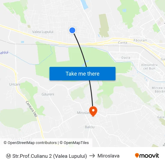Ⓜ Str.Prof.Culianu 2 (Valea Lupului) to Miroslava map