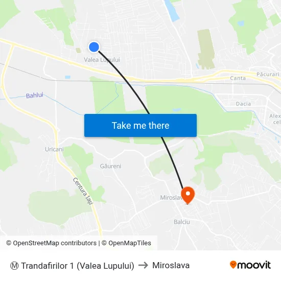 Ⓜ Trandafirilor 1 (Valea Lupului) to Miroslava map
