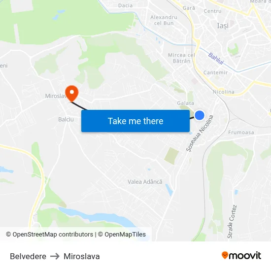 Belvedere to Miroslava map