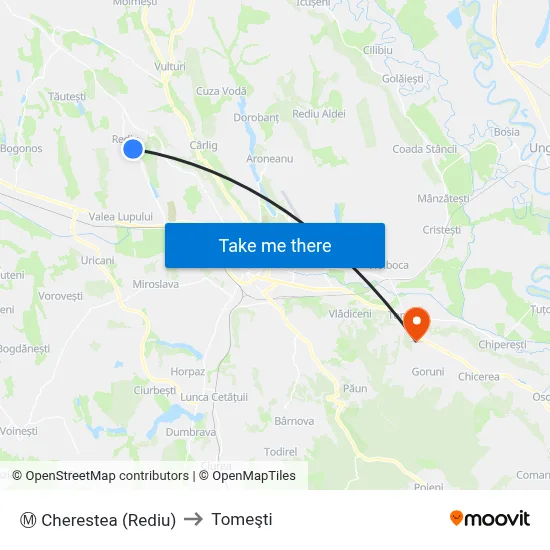 Ⓜ Cherestea (Rediu) to Tomeşti map