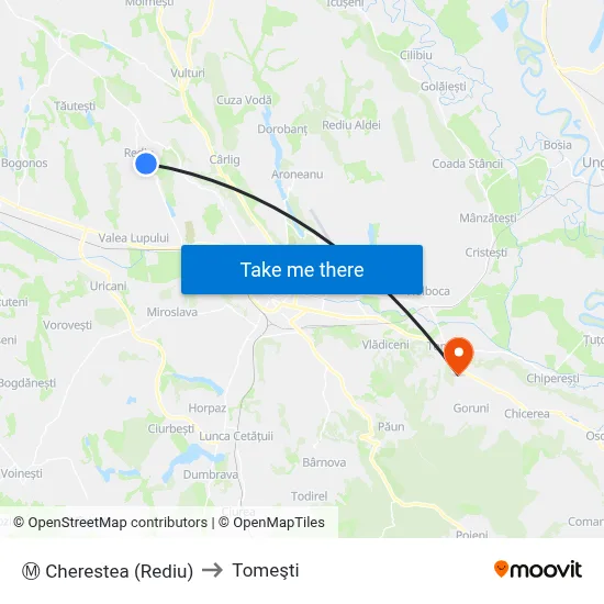 Ⓜ Cherestea (Rediu) to Tomeşti map