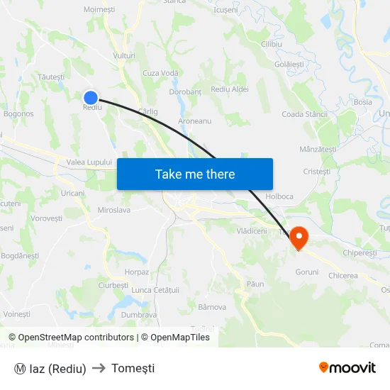 Ⓜ Iaz (Rediu) to Tomeşti map