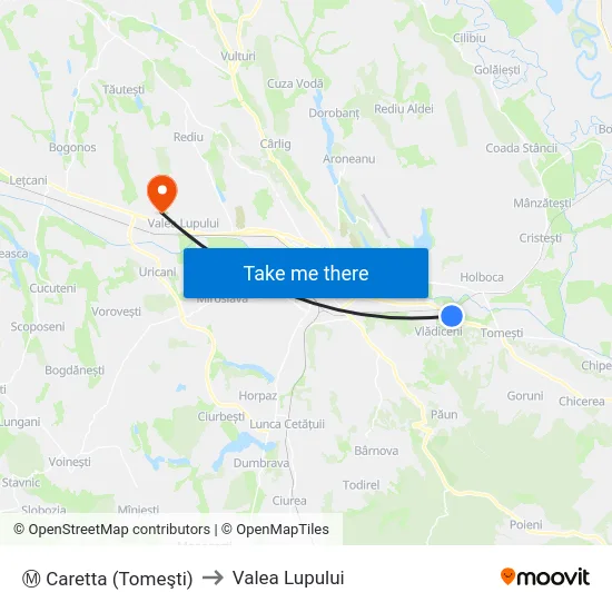 Ⓜ Caretta (Tomeşti) to Valea Lupului map