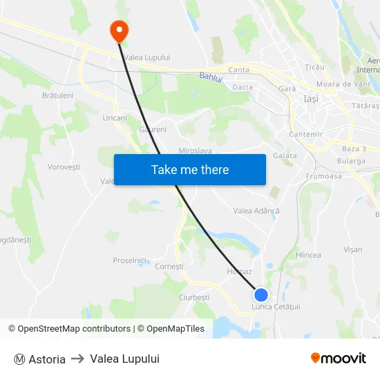 Ⓜ Astoria to Valea Lupului map