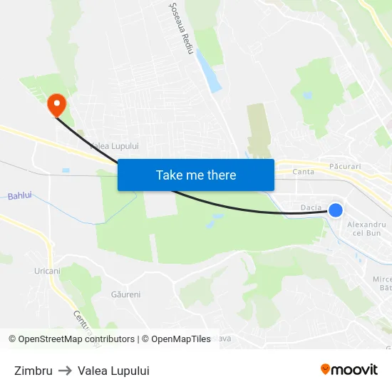 Zimbru to Valea Lupului map