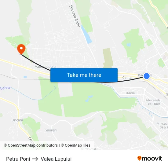 Petru Poni to Valea Lupului map