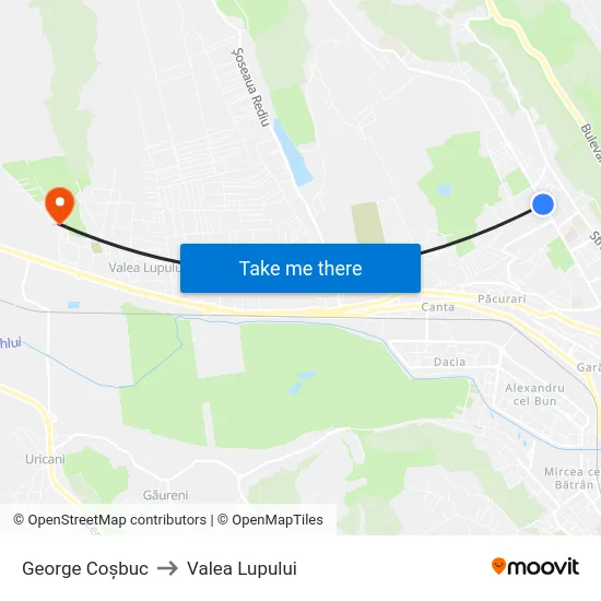 George Coșbuc to Valea Lupului map