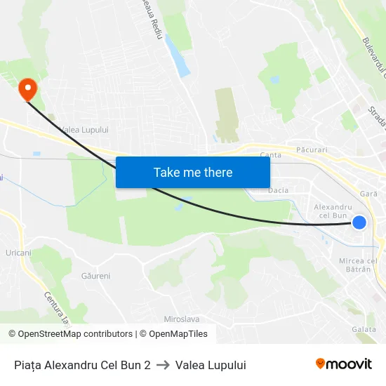 Piața Alexandru Cel Bun 2 to Valea Lupului map