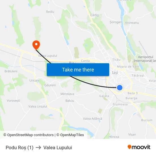 Podu Roș (1) to Valea Lupului map