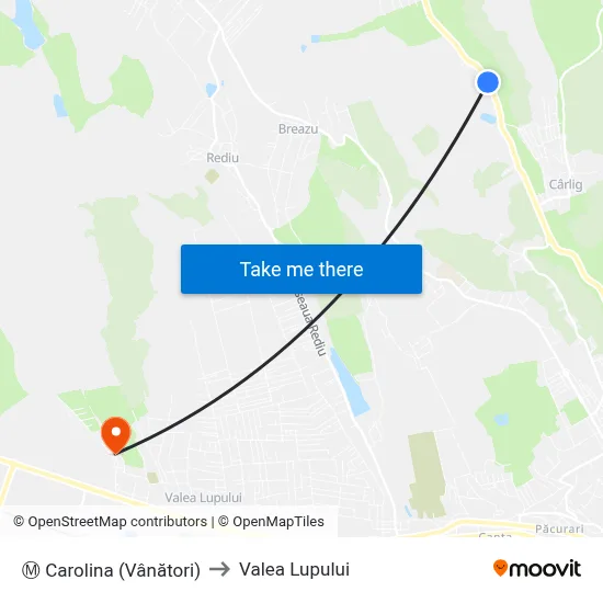 Ⓜ Carolina (Vânători) to Valea Lupului map