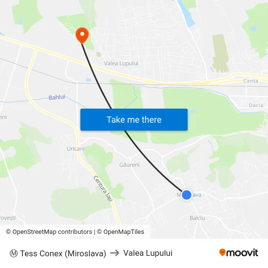 Ⓜ Tess Conex (Miroslava) to Valea Lupului map