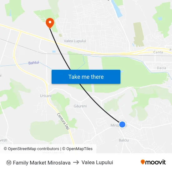 Ⓜ Family Market Miroslava to Valea Lupului map