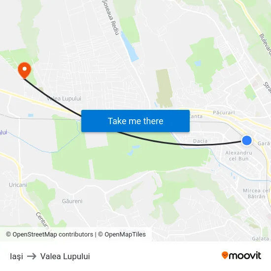 Iaşi to Valea Lupului map