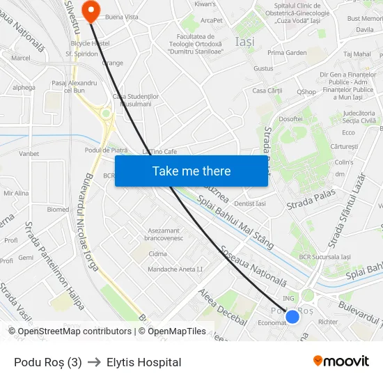 Podu Roș (3) to Elytis Hospital map