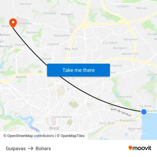 Guipavas to Bohars map