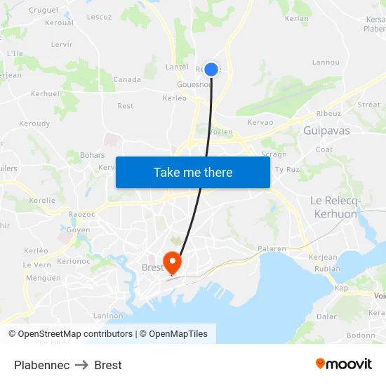Plabennec to Brest map