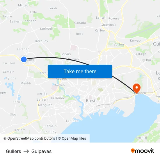Guilers to Guipavas map