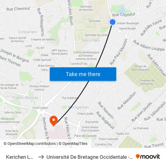 Kerichen Lesven to Université De Bretagne Occidentale - Pôle Santé map