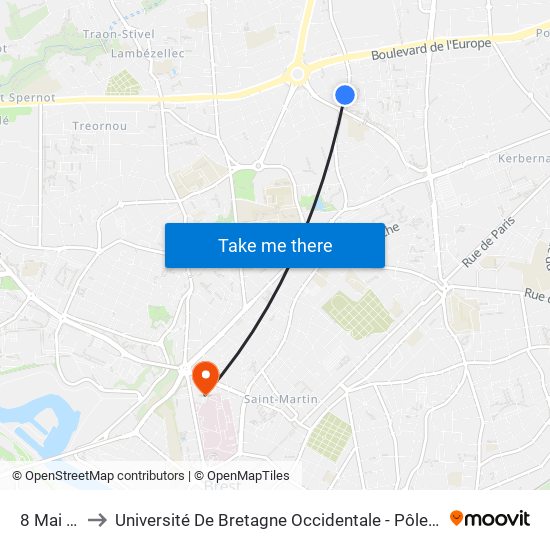 8 Mai 45 to Université De Bretagne Occidentale - Pôle Santé map