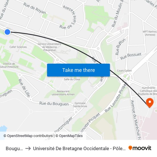 Bouguen to Université De Bretagne Occidentale - Pôle Santé map
