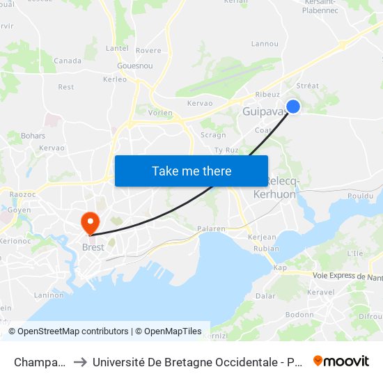 Champagne to Université De Bretagne Occidentale - Pôle Santé map