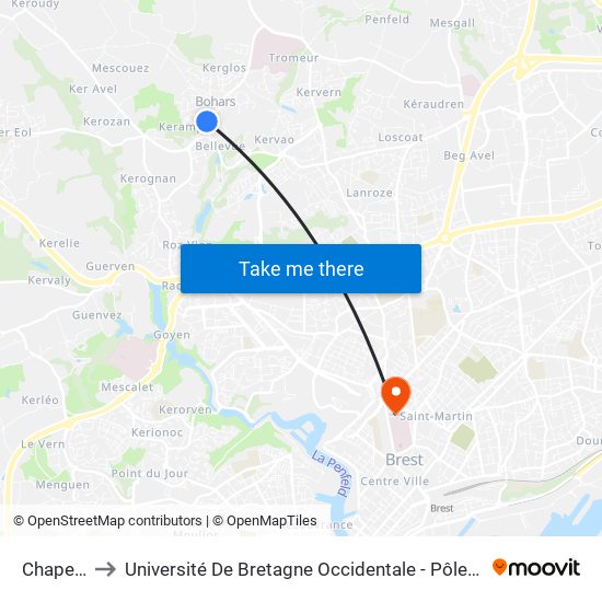 Chapelle to Université De Bretagne Occidentale - Pôle Santé map