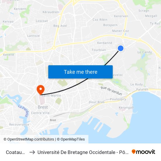 Coataudon to Université De Bretagne Occidentale - Pôle Santé map