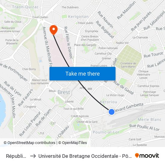 République to Université De Bretagne Occidentale - Pôle Santé map