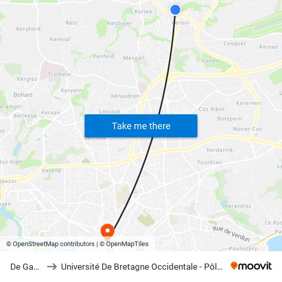 De Gaulle to Université De Bretagne Occidentale - Pôle Santé map