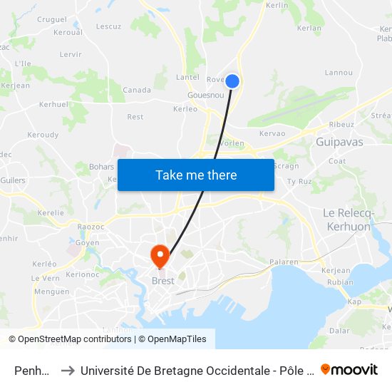 Penhoat to Université De Bretagne Occidentale - Pôle Santé map