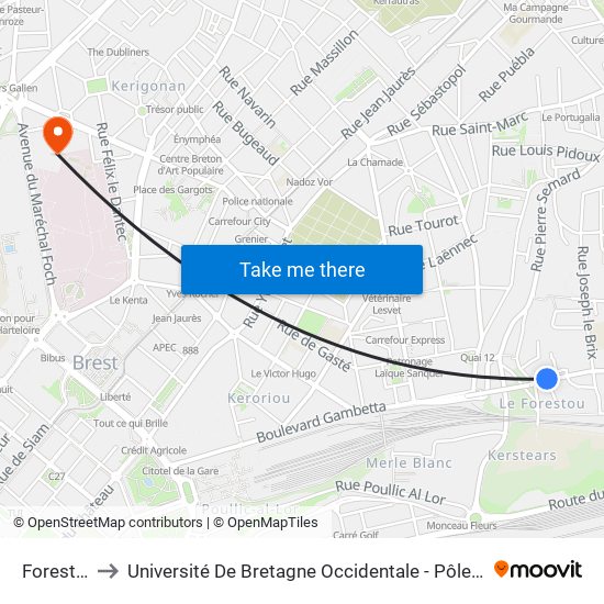 Forestou to Université De Bretagne Occidentale - Pôle Santé map