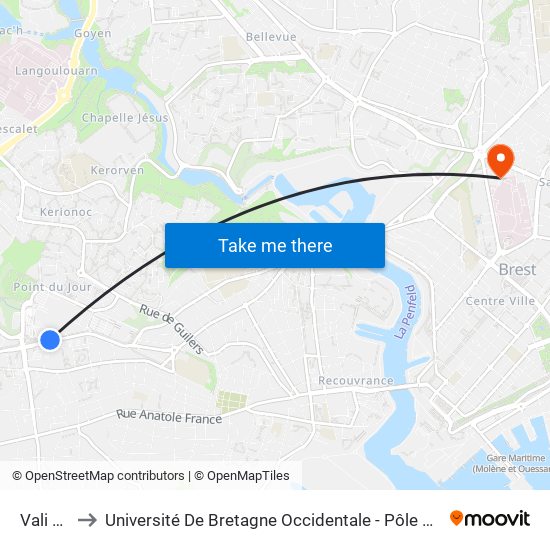 Vali Hir to Université De Bretagne Occidentale - Pôle Santé map