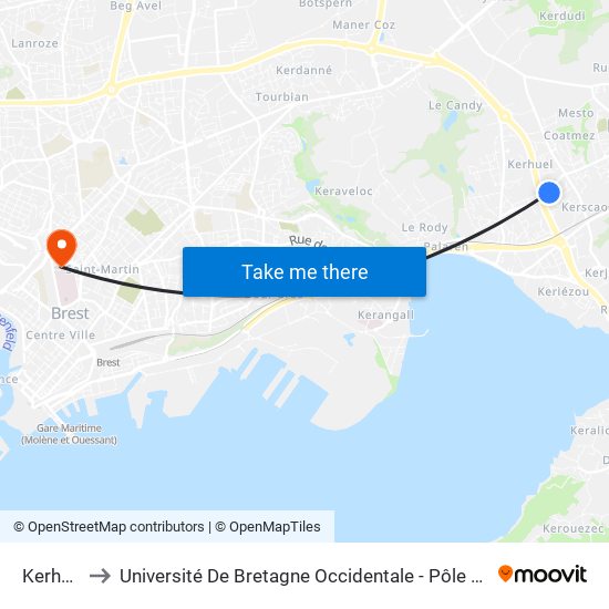 Kerhuel to Université De Bretagne Occidentale - Pôle Santé map