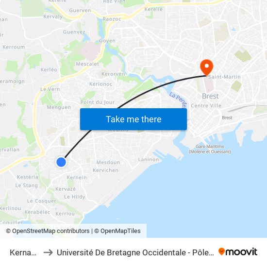 Kernabat to Université De Bretagne Occidentale - Pôle Santé map