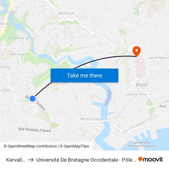 Kervallon to Université De Bretagne Occidentale - Pôle Santé map