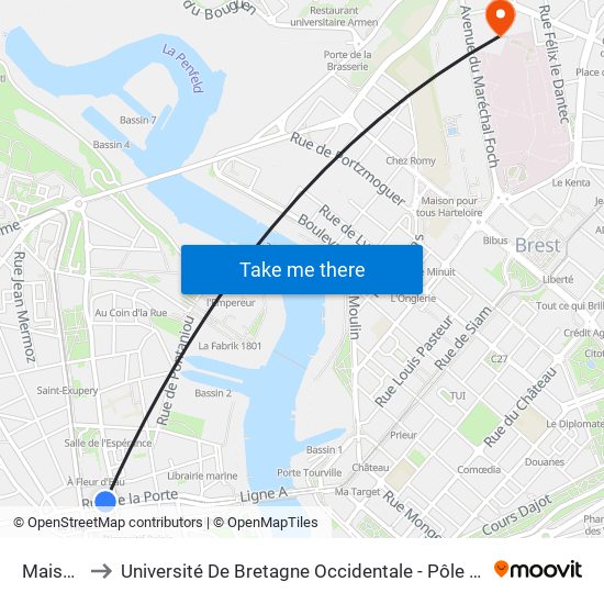 Maissin to Université De Bretagne Occidentale - Pôle Santé map