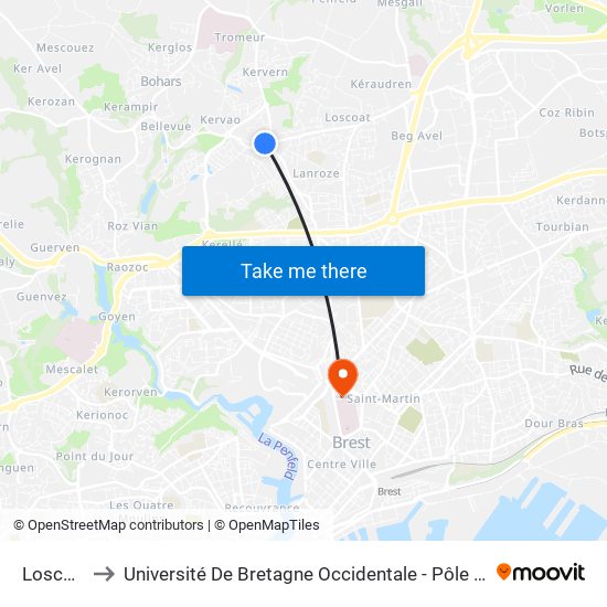 Loscoat to Université De Bretagne Occidentale - Pôle Santé map