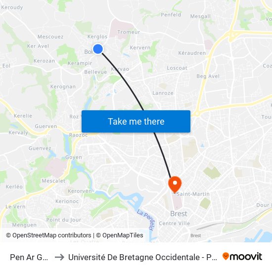 Pen Ar Guear to Université De Bretagne Occidentale - Pôle Santé map