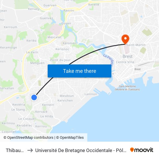 Thibaudet to Université De Bretagne Occidentale - Pôle Santé map