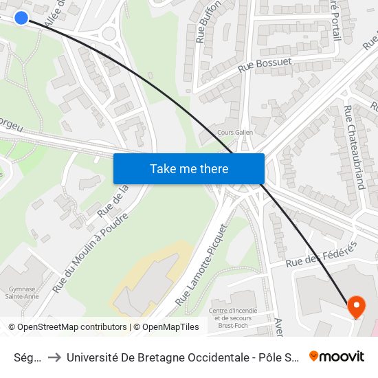 Ségur to Université De Bretagne Occidentale - Pôle Santé map