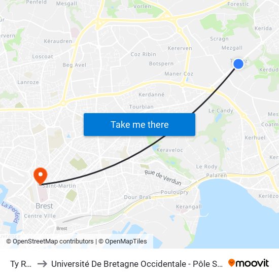 Ty Ruz to Université De Bretagne Occidentale - Pôle Santé map