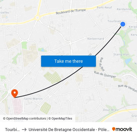 Tourbian to Université De Bretagne Occidentale - Pôle Santé map