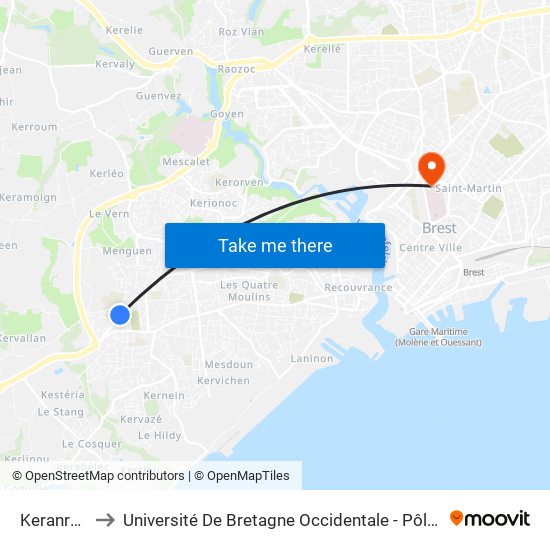Keranroux to Université De Bretagne Occidentale - Pôle Santé map